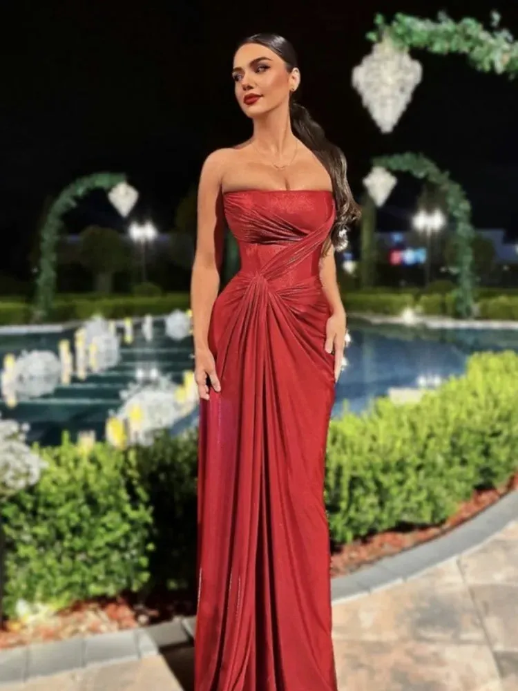 Trendy Red Metallic Strapless Gala Gown with Waist Knot