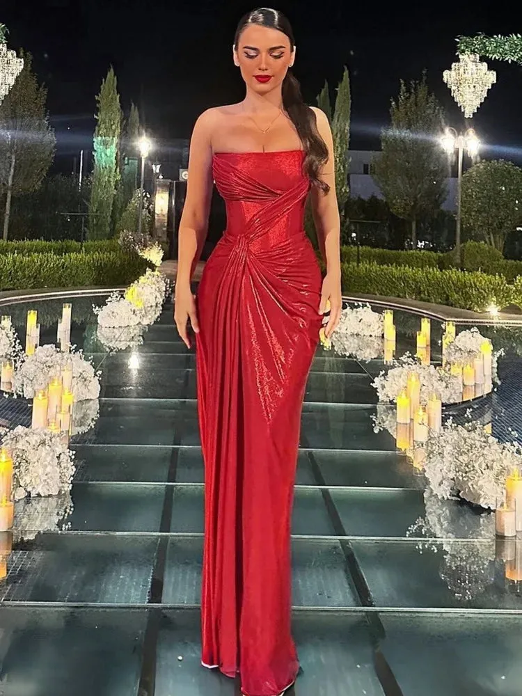 Trendy Red Metallic Strapless Gala Gown with Waist Knot