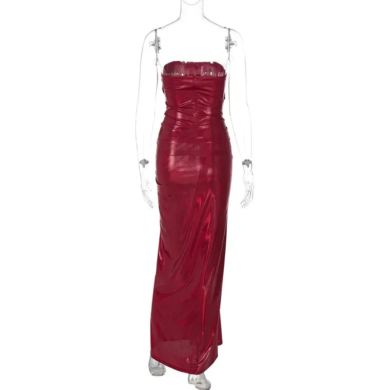 Trendy Red Metallic Strapless Gala Gown with Waist Knot