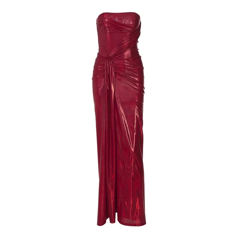 Trendy Red Metallic Strapless Gala Gown with Waist Knot