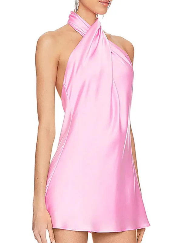 Trendy Satin Halter Neck Party Dress