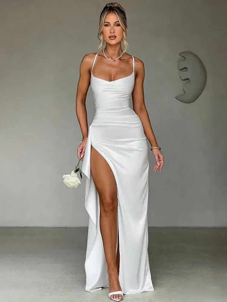 Trendy Satin Wedding Guest Dress with High Slit & Lace-Up