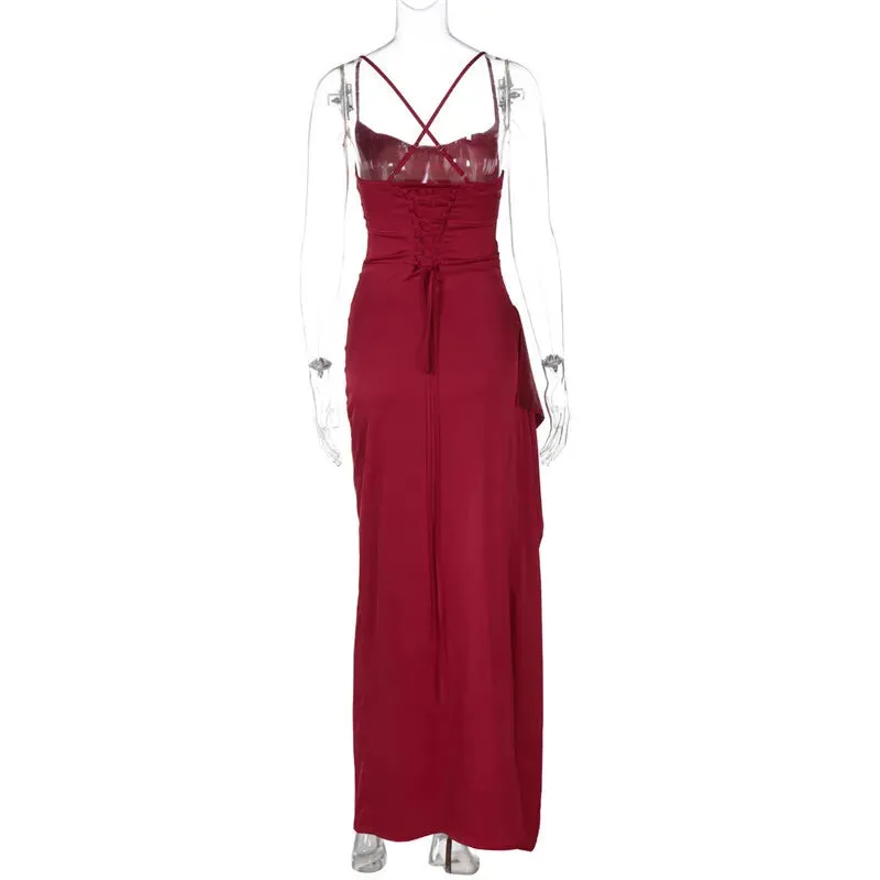 Trendy Satin Wedding Guest Dress with High Slit & Lace-Up