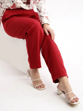 Women Flat Front Solid Maroon Formal Trousers