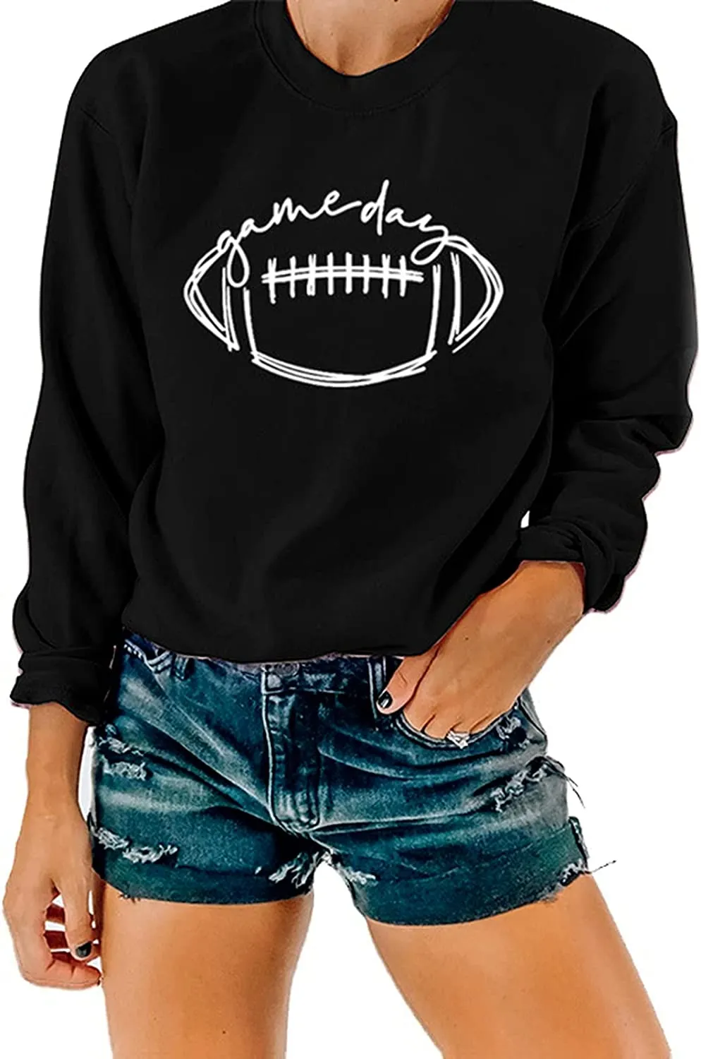 Women Game Day Sweatshirt Football Game Day Long Sleeve Clothing (Black,Large,Female,US,Alpha,Adult,XX-Large,Regular,Regular)