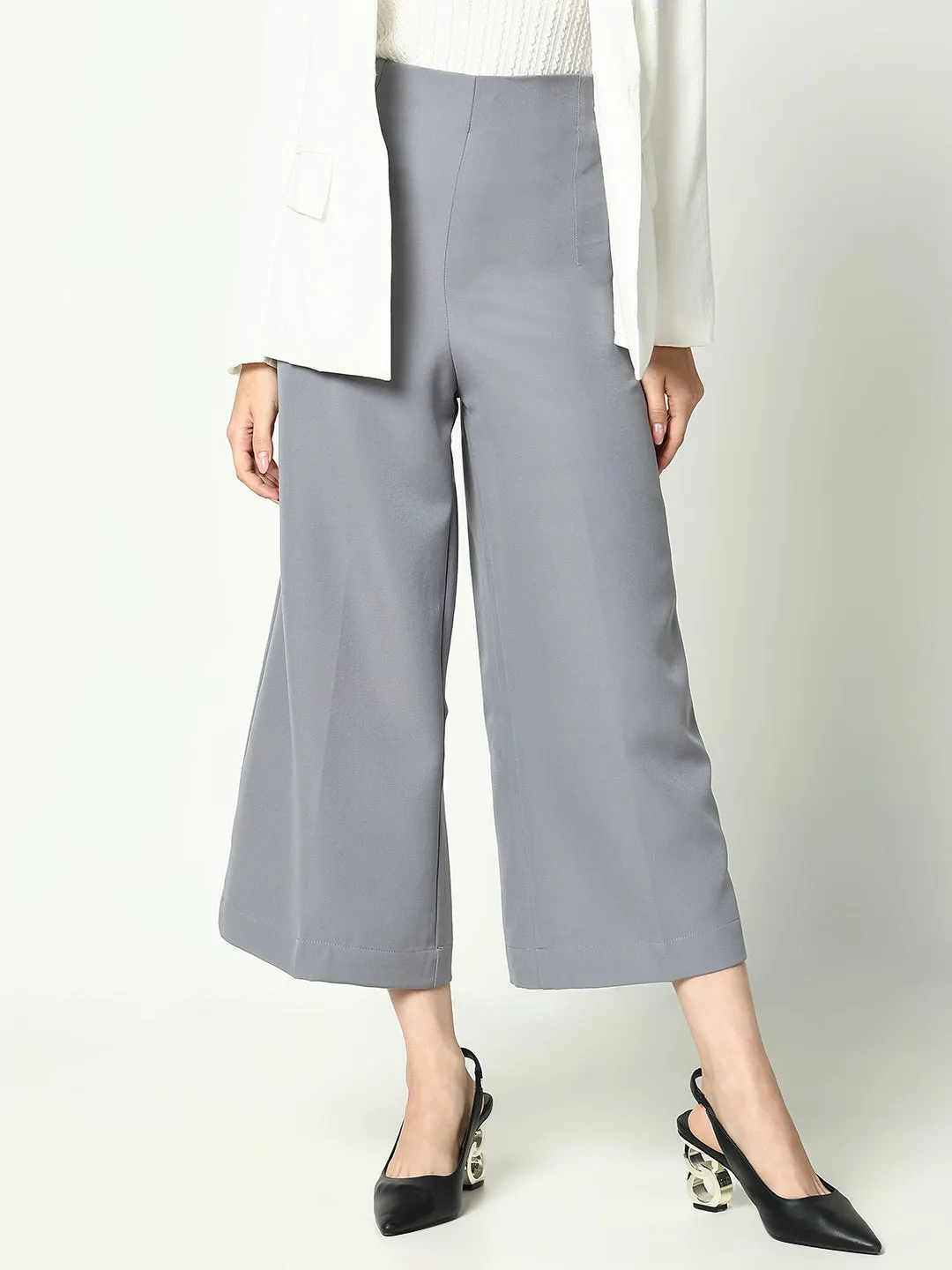 Women Grey Solid Cropped Formal Trousers