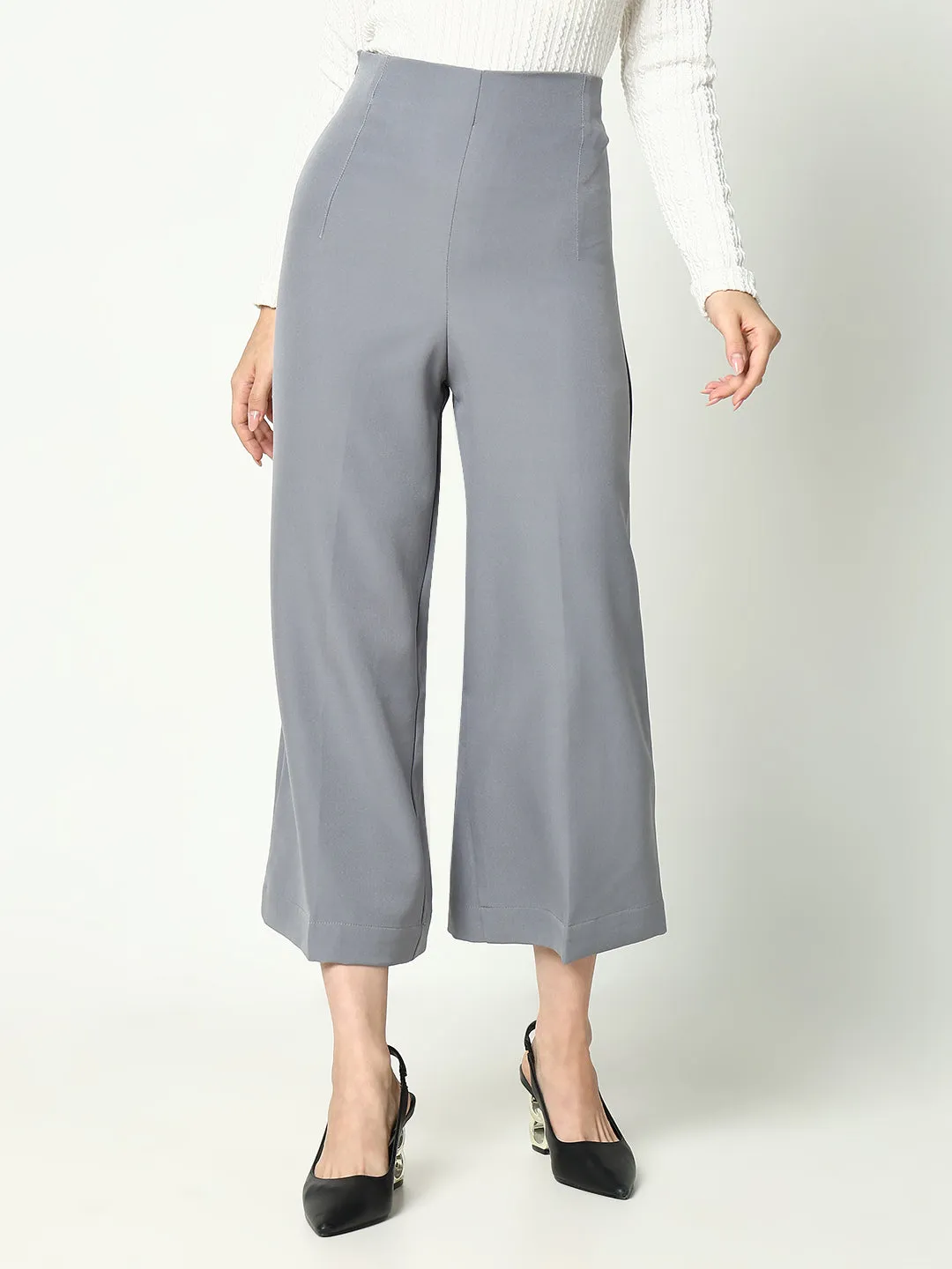 Women Grey Solid Cropped Formal Trousers