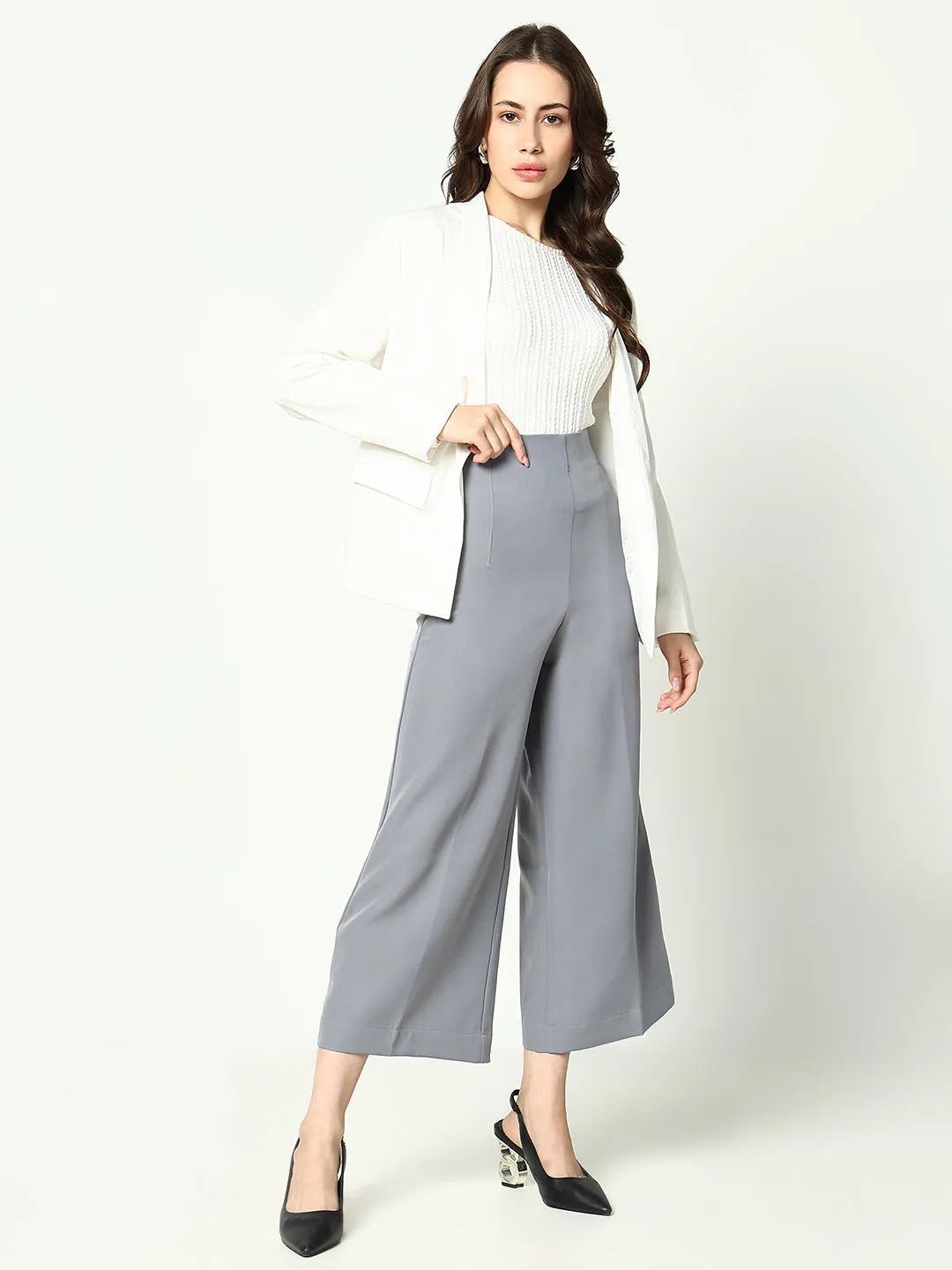 Women Grey Solid Cropped Formal Trousers