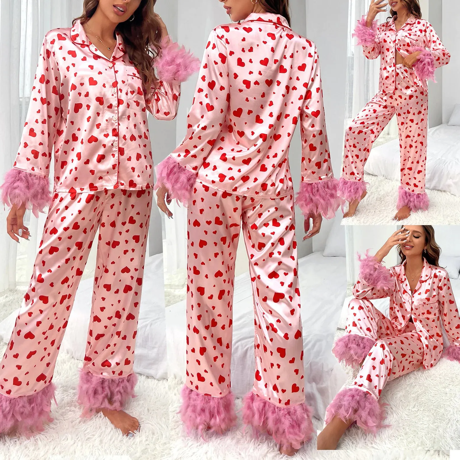 Women Loving Heart Printed Casual Suit Pajamas