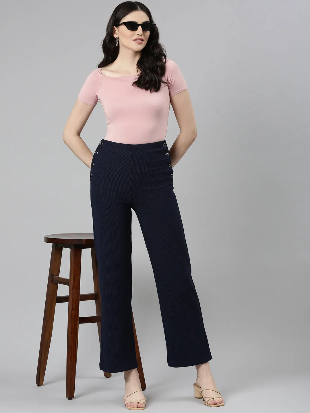 Women Navy Blue Solid Parallel Trouser