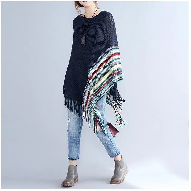 Women Patchwork Long Sleeve Tassels Shawl Sweaters