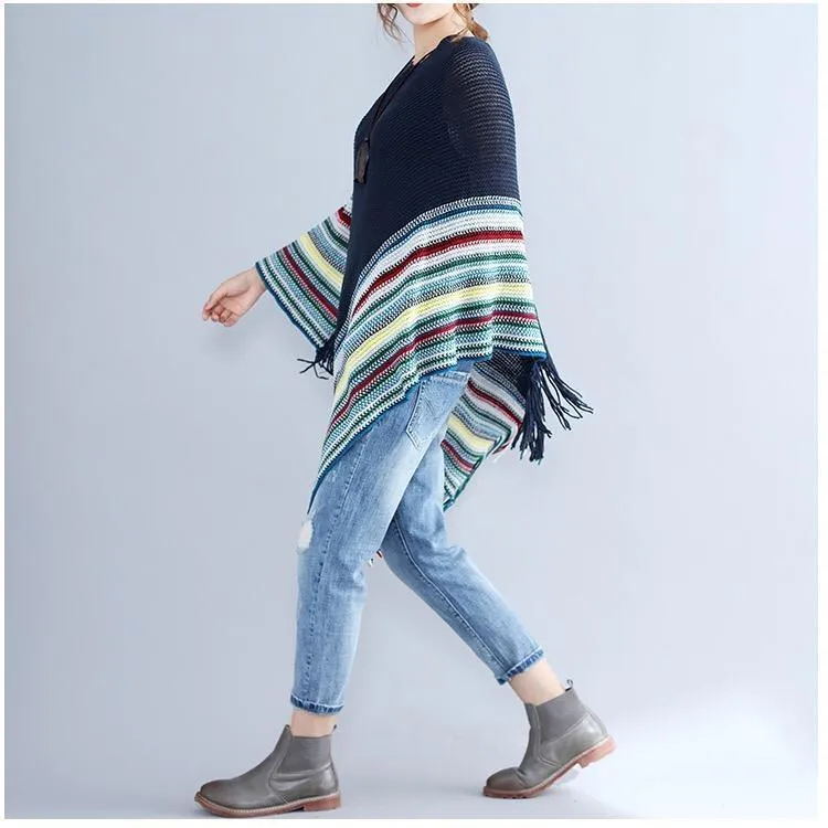 Women Patchwork Long Sleeve Tassels Shawl Sweaters