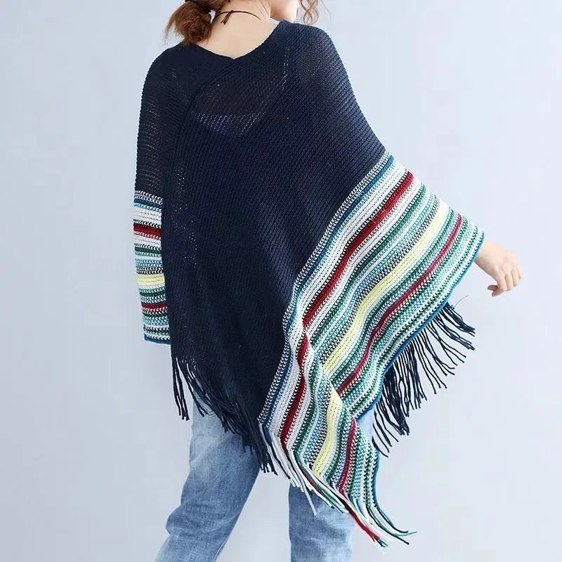 Women Patchwork Long Sleeve Tassels Shawl Sweaters