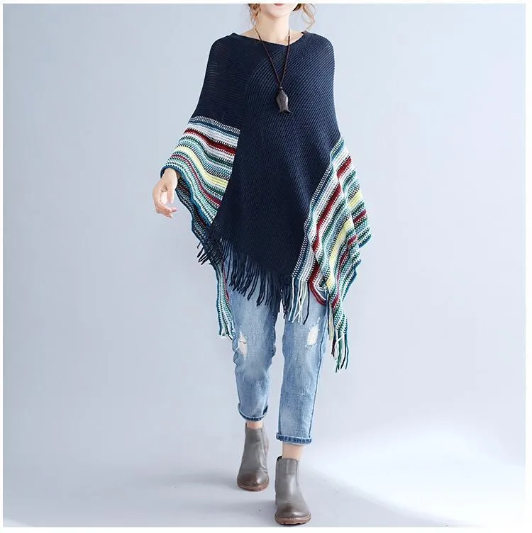 Women Patchwork Long Sleeve Tassels Shawl Sweaters