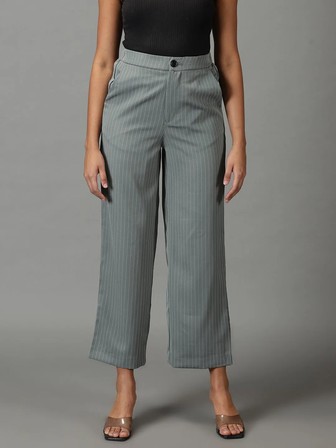 Women's Olive Striped Formal Trouser