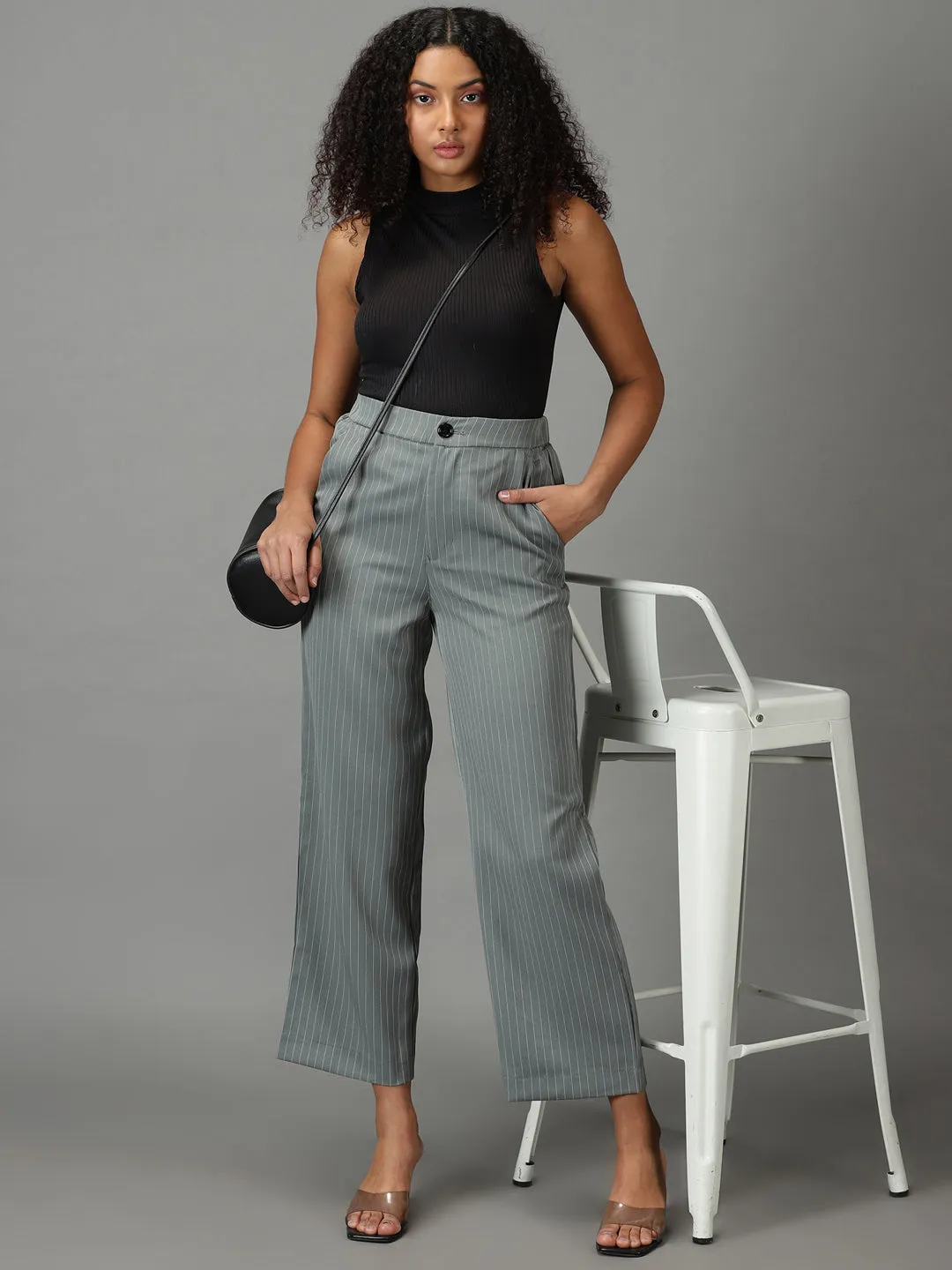 Women's Olive Striped Formal Trouser