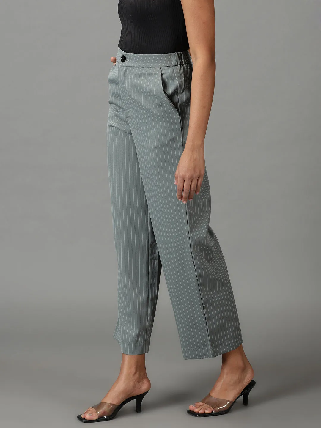 Women's Olive Striped Formal Trouser